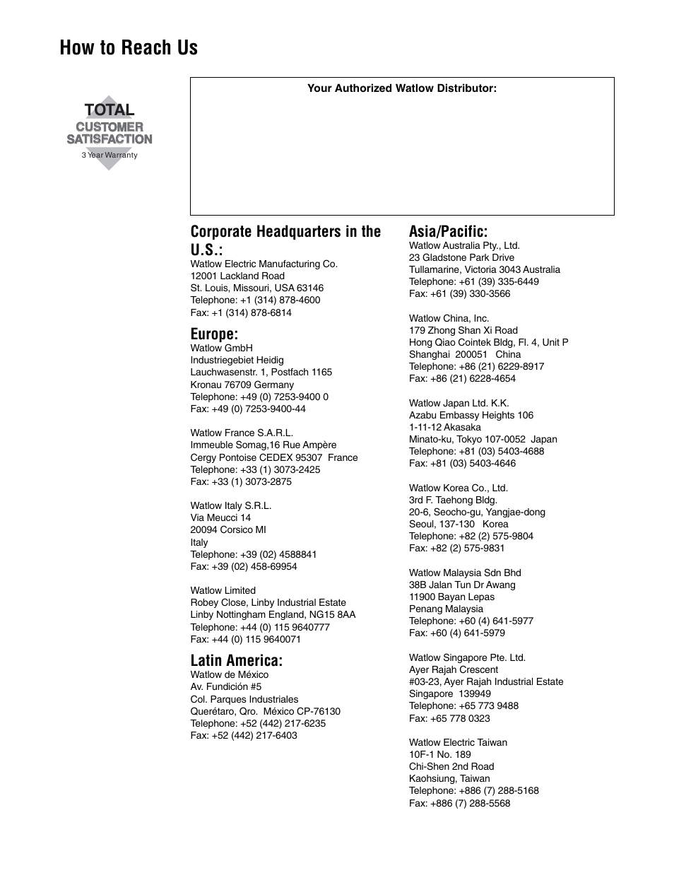 How to reach us, Total, Corporate headquarters in the u.s | Europe, Latin america, Asia/pacific | Watlow series l rev g - 02-12-08.pdf User Manual | Page 28 / 28