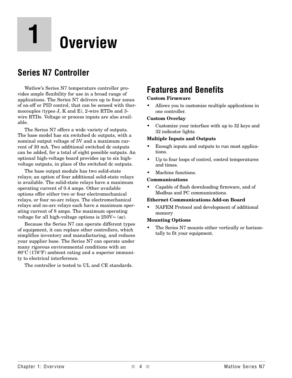 Chapter 1, Overview, Series n7 controller | Chapter 1: overview, Features and benefits | Watlow series l rev g - 02-12-08.pdf User Manual | Page 4 / 28