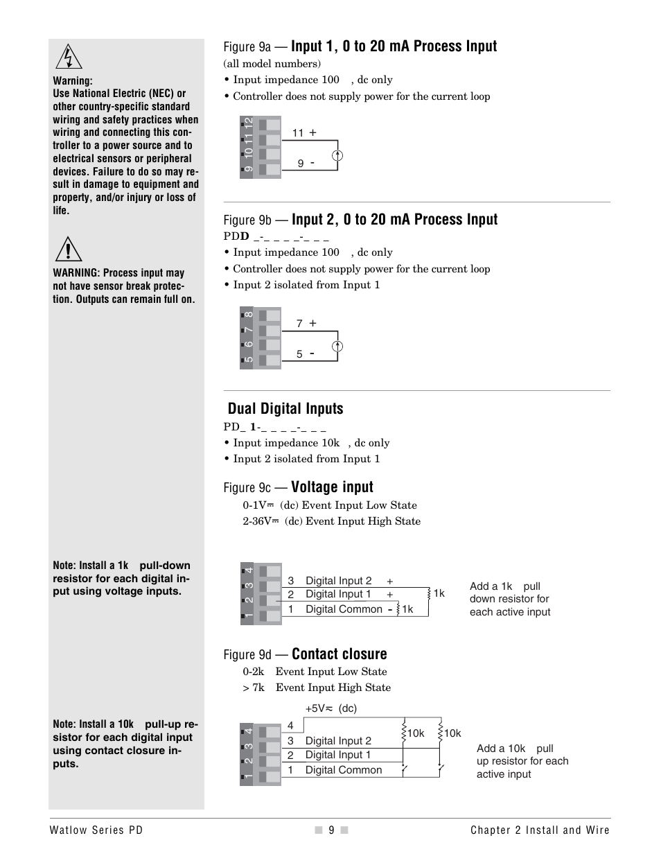 Dual digital inputs, Input 1, 0 to 20 ma process input, Input 2, 0 to 20 ma process input | Voltage input, Contact closure | Watlow Series PD Ethernet Enabled Temperature and Process Controller User Manual | Page 11 / 30