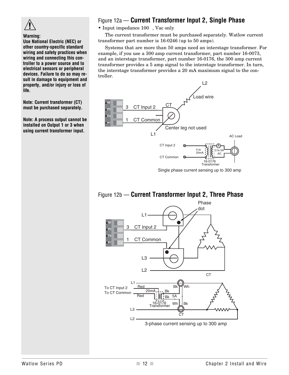 Current transformer input 2, single phase, Current transformer input 2, three phase, Figure 12a | Figure 12b | Watlow Series PD Ethernet Enabled Temperature and Process Controller User Manual | Page 14 / 30