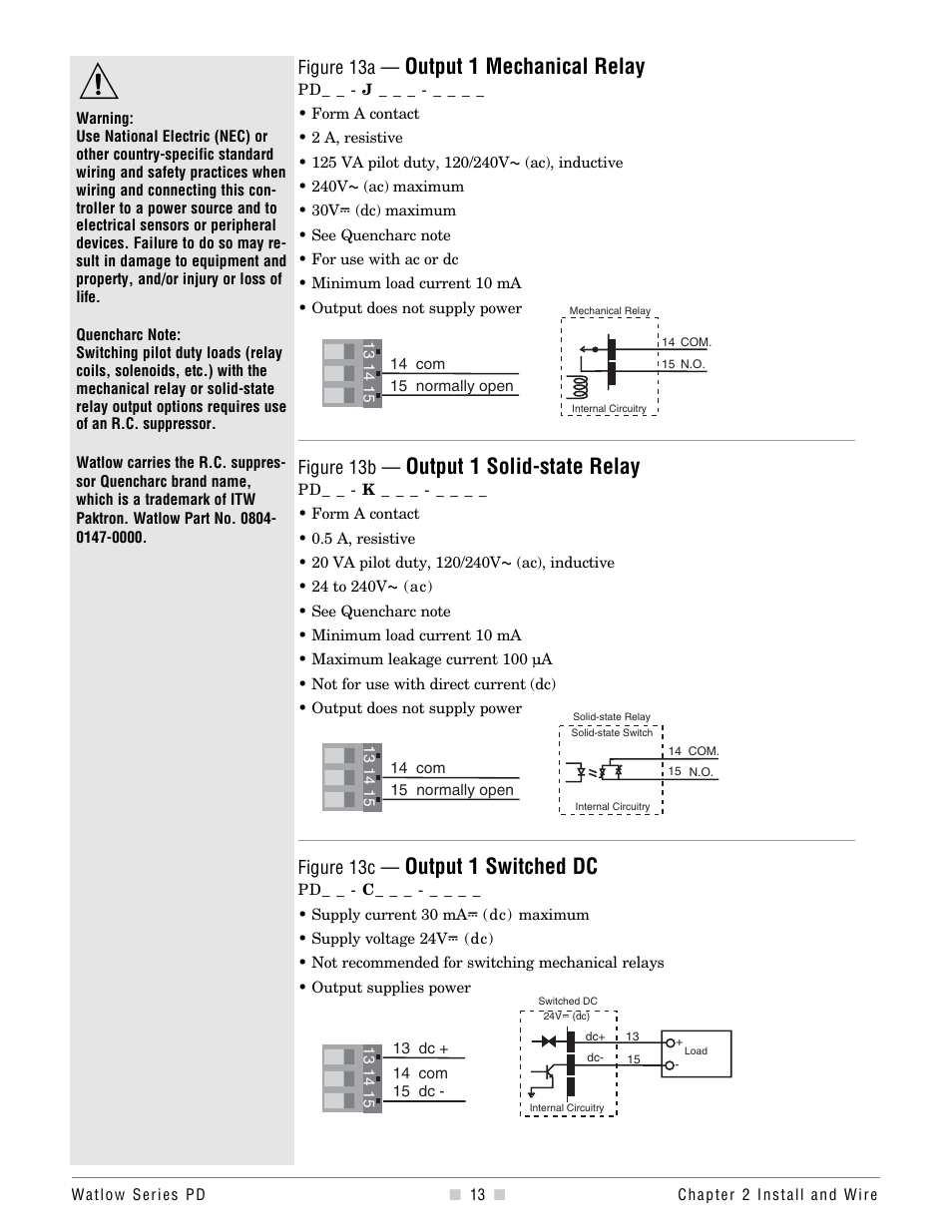 Output 1, Output 1 mechanical relay, Output 1 solid-state relay | Output 1 switched dc, Figure 13a, Figure 13b, Figure 13c | Watlow Series PD Ethernet Enabled Temperature and Process Controller User Manual | Page 15 / 30