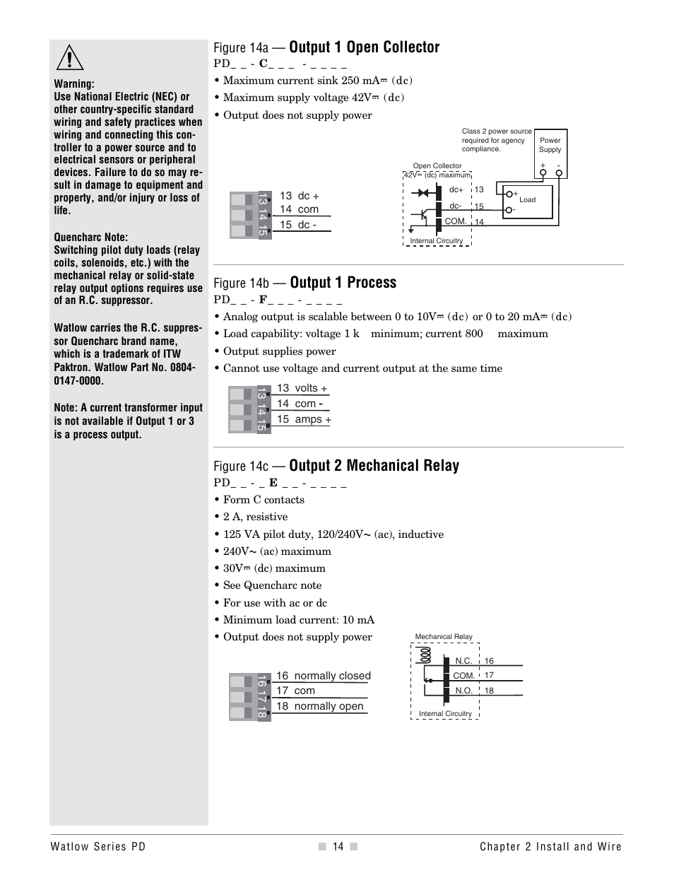 Output 2, Output 1 open collector, Output 1 process | Output 2 mechanical relay, Figure 14a, Figure 14b, Figure 14c | Watlow Series PD Ethernet Enabled Temperature and Process Controller User Manual | Page 16 / 30