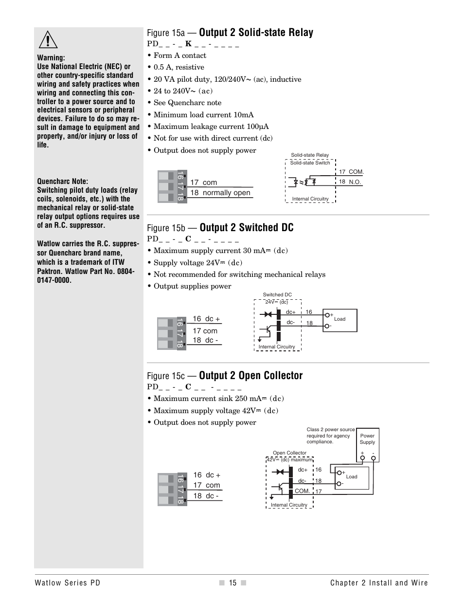 Output 2 solid-state relay, Output 2 switched dc, Output 2 open collector | Figure 15a, Figure 15b, Figure 15c | Watlow Series PD Ethernet Enabled Temperature and Process Controller User Manual | Page 17 / 30