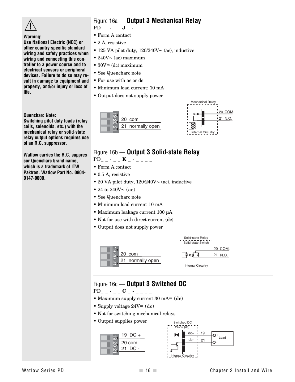 Output 3, Output 3 mechanical relay, Output 3 solid-state relay | Output 3 switched dc, Figure 16a, Figure 16b, Figure 16c | Watlow Series PD Ethernet Enabled Temperature and Process Controller User Manual | Page 18 / 30