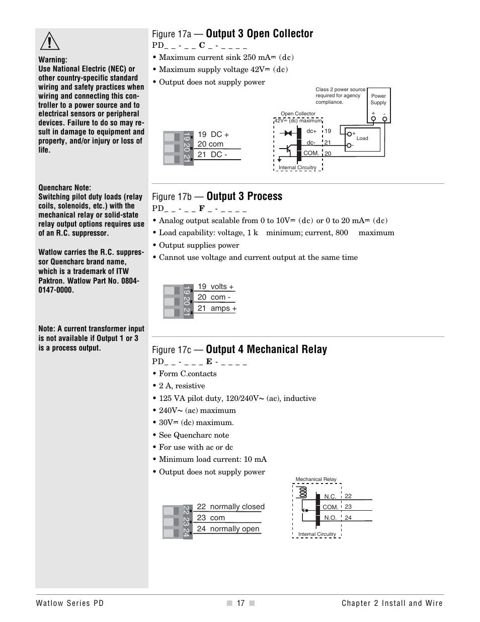 Output 4, Output 3 open collector, Output 3 process | Output 4 mechanical relay, Figure 17a, Figure 17b, Figure 17c | Watlow Series PD Ethernet Enabled Temperature and Process Controller User Manual | Page 19 / 30