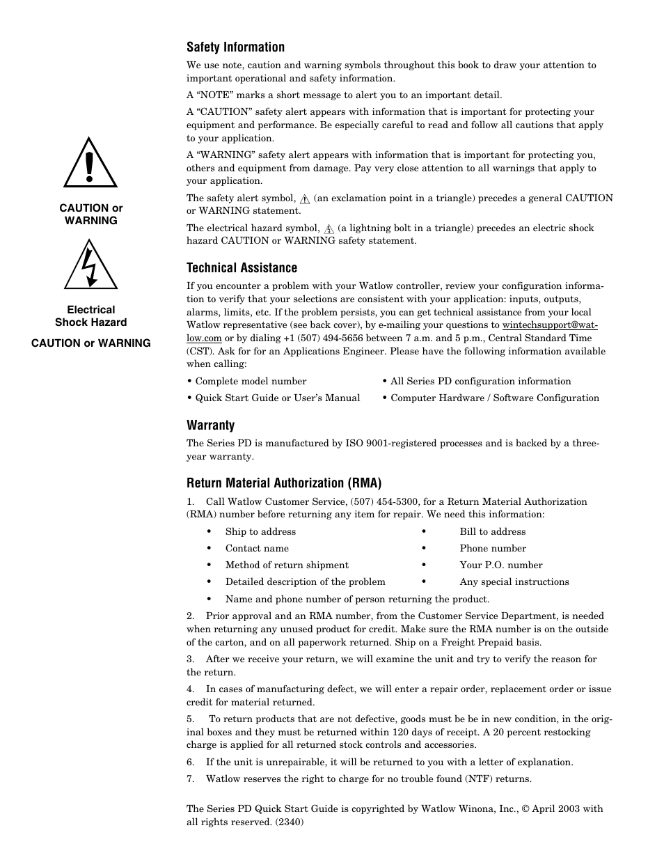 Safety information, Technical assistance, Warranty | Watlow Series PD Ethernet Enabled Temperature and Process Controller User Manual | Page 2 / 30