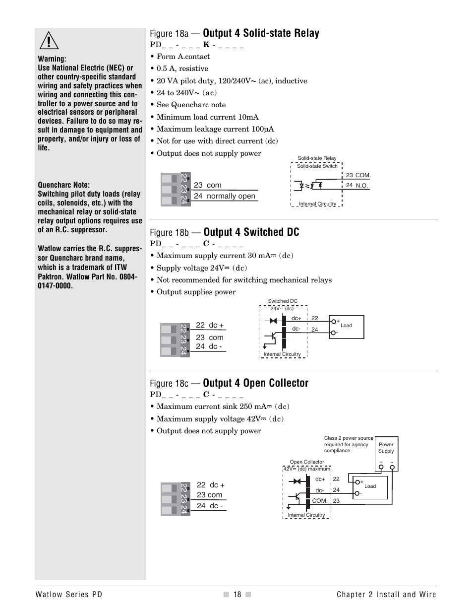 Output 4 solid-state relay, Output 4 switched dc, Output 4 open collector | Figure 18a, Figure 18b, Figure 18c | Watlow Series PD Ethernet Enabled Temperature and Process Controller User Manual | Page 20 / 30