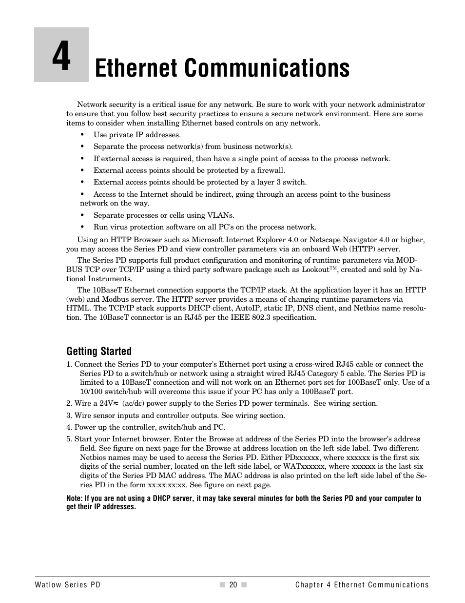 Chapter 4, Ethernet communications, Getting started | Watlow Series PD Ethernet Enabled Temperature and Process Controller User Manual | Page 22 / 30