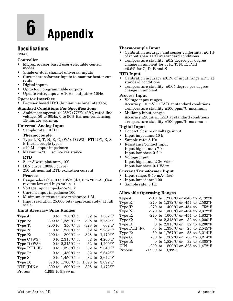 Chapter 6, Appendix, Specifications | Watlow Series PD Ethernet Enabled Temperature and Process Controller User Manual | Page 26 / 30