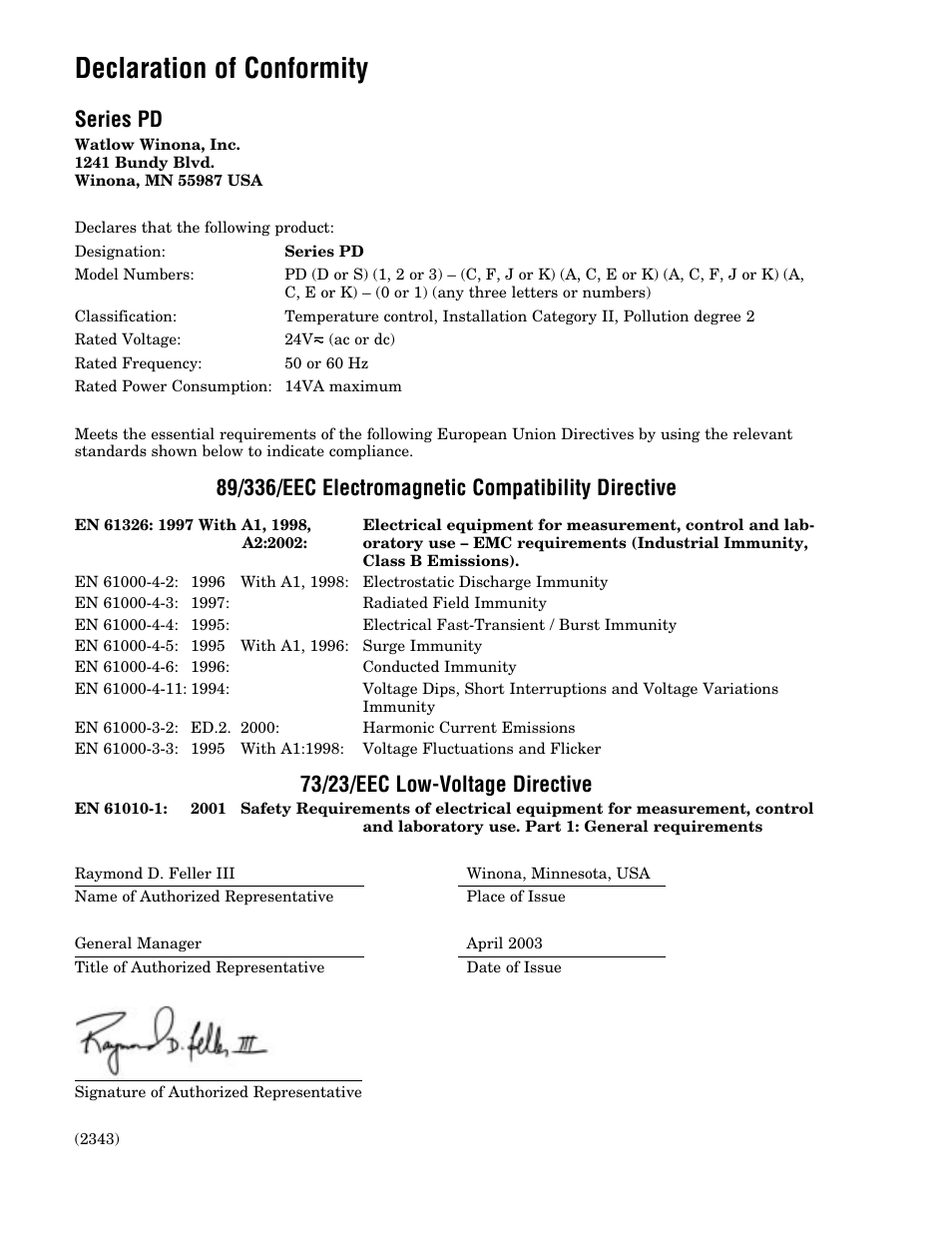 Declaration of conformity, Series pd, 73/23/eec low-voltage directive | Watlow Series PD Ethernet Enabled Temperature and Process Controller User Manual | Page 29 / 30