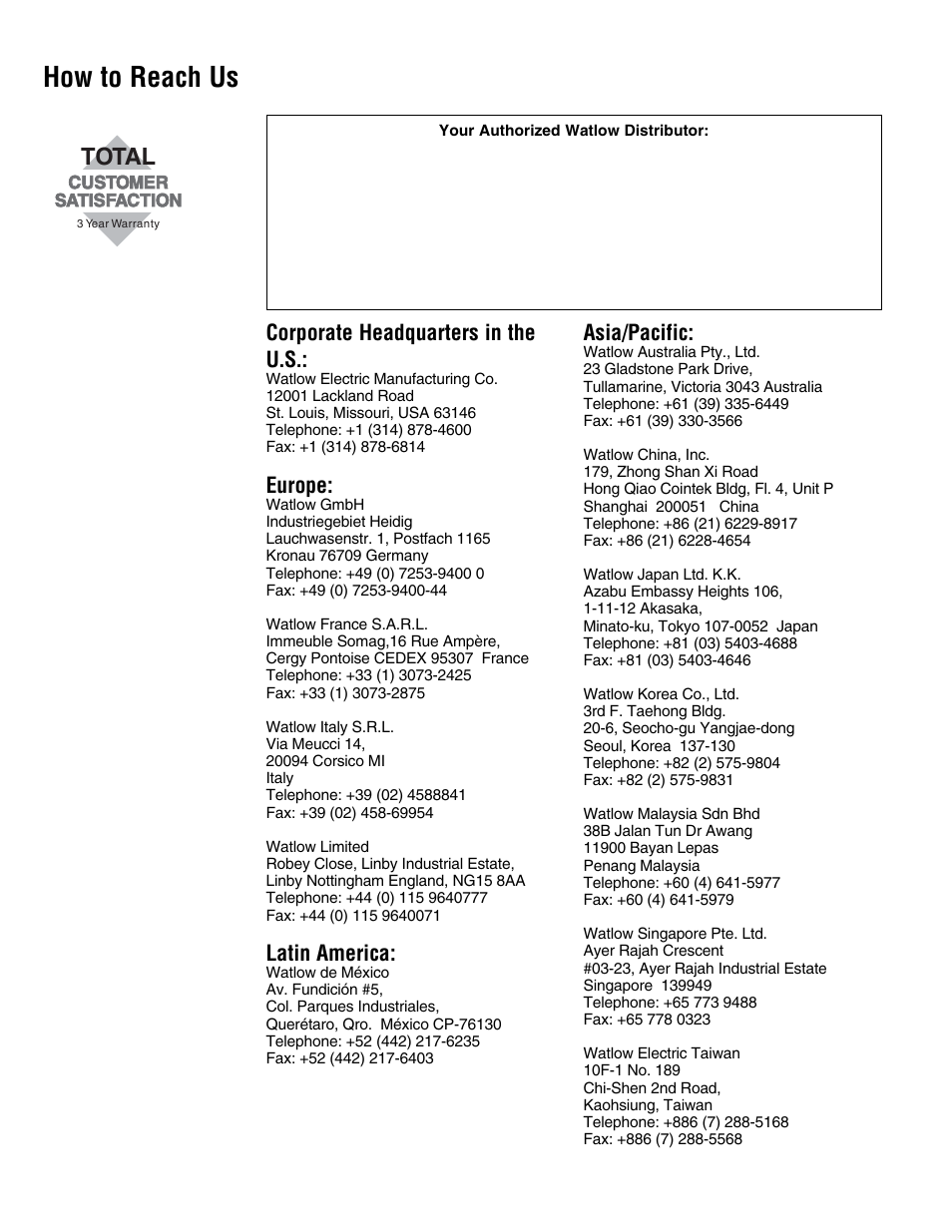 How to reach us, Total, Corporate headquarters in the u.s | Europe, Latin america, Asia/pacific | Watlow Series PD Ethernet Enabled Temperature and Process Controller User Manual | Page 30 / 30