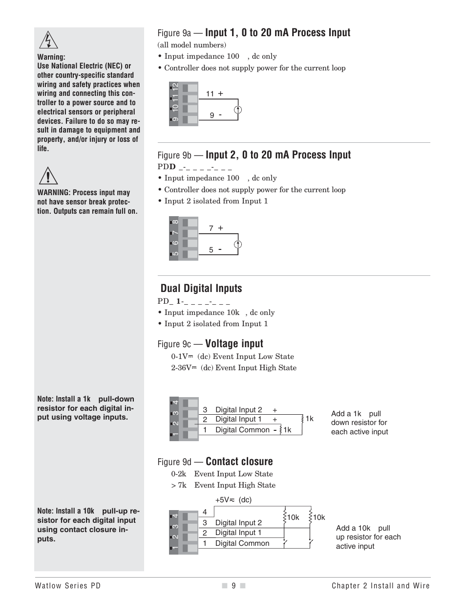 Input 1, 0 to 20 ma process input, Input 2, 0 to 20 ma process input, Dual digital inputs | Voltage input, Contact closure | Watlow Series PD User Manual | Page 11 / 188