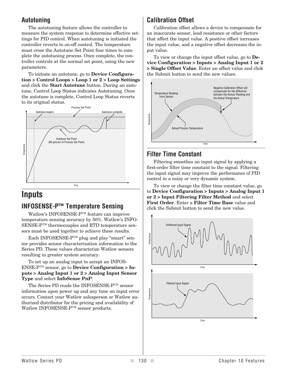 Autotuning, Inputs, Infosense™ sensing | Calibration offset, Filter time constant, Infosense-p™ temperature sensing | Watlow Series PD User Manual | Page 132 / 188