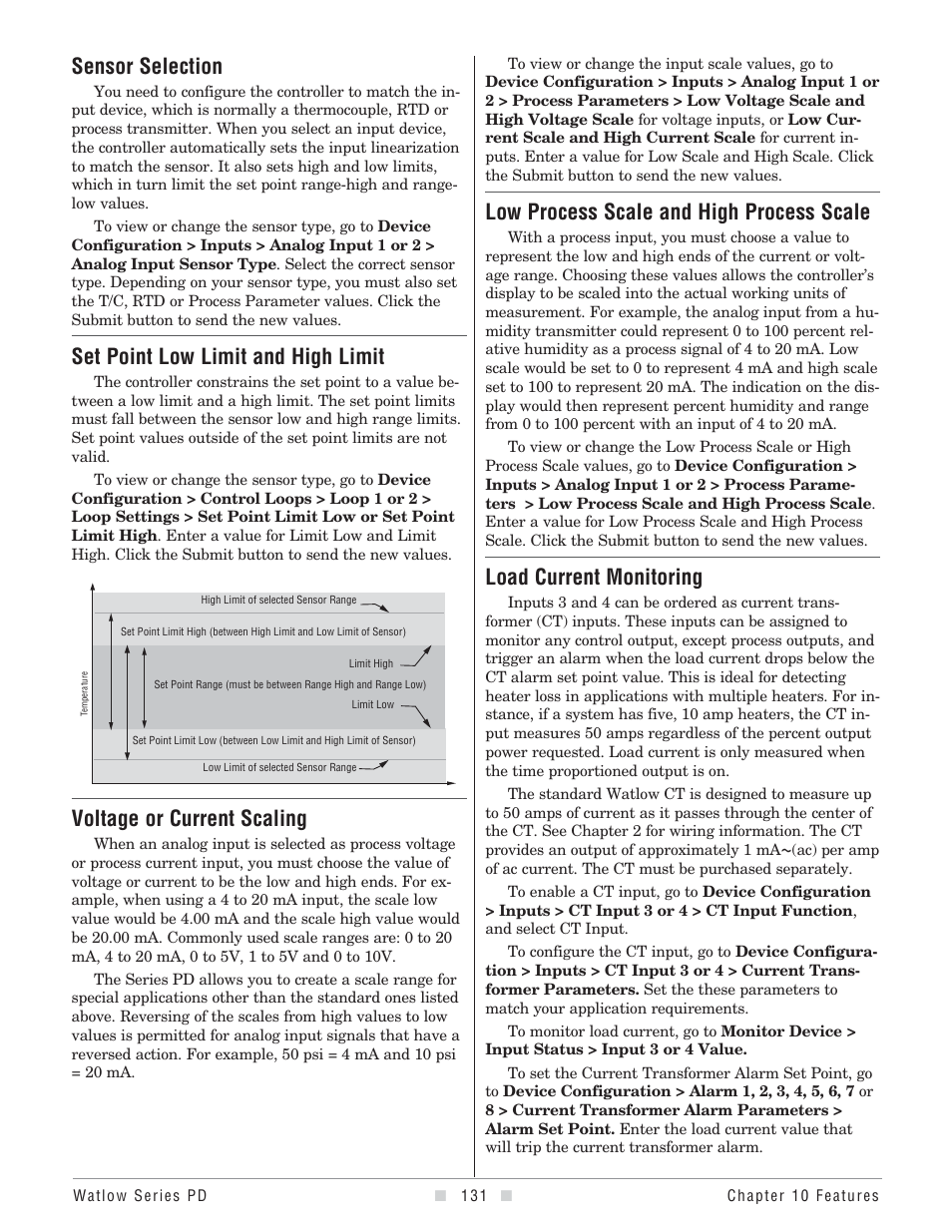 Sensor selection, Set point low limit and high limit, Voltage or current scaling | Process input high scale and low scale, Load current monitoring, Low process scale and high process scale | Watlow Series PD User Manual | Page 133 / 188