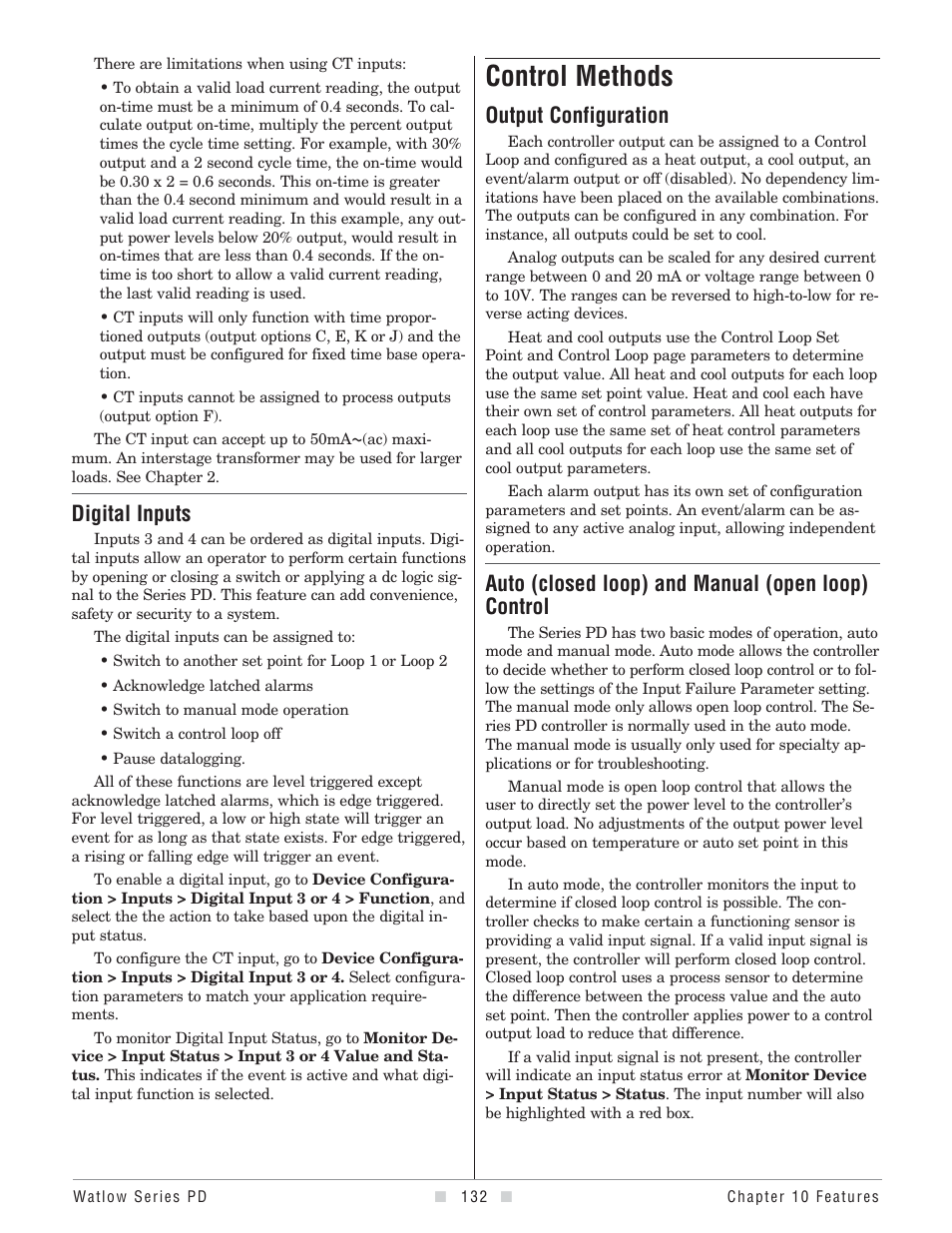 Control methods, Digital inputs, Output configuration | Auto-manual control, Auto (closed loop) and manual (open loop) control | Watlow Series PD User Manual | Page 134 / 188