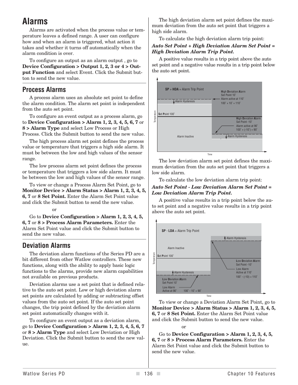 Alarms, Process or deviation alarms, Process alarms | Deviation alarms | Watlow Series PD User Manual | Page 138 / 188