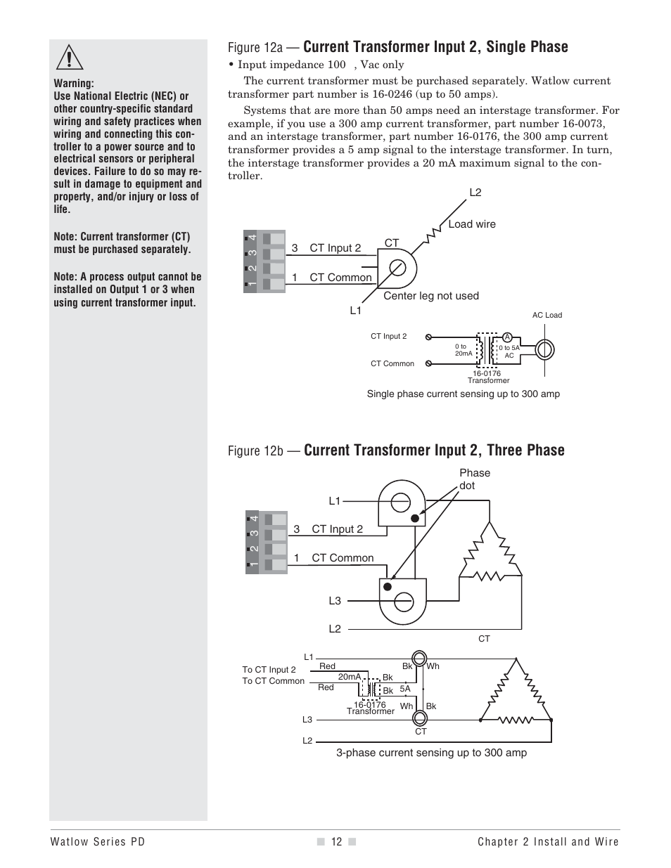 Current transformer input 2, single phase, Current transformer input 2, three phase, Figure 12a | Figure 12b | Watlow Series PD User Manual | Page 14 / 188