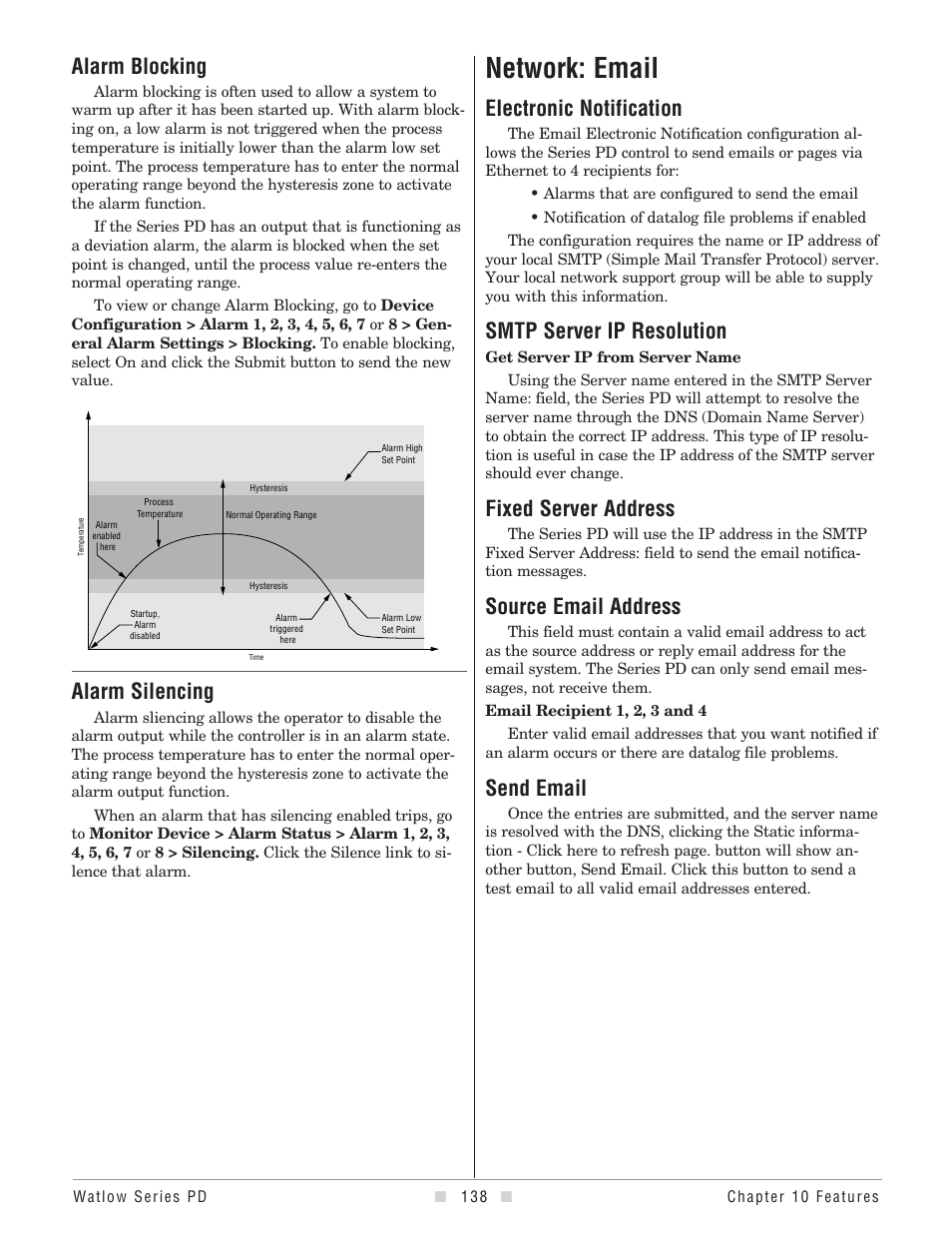 Network: email, Alarm blocking, Alarm silencing | Network, Email, Electronic notification, Smtp server ip resolution, Fixed server address, Source email address, Send email | Watlow Series PD User Manual | Page 140 / 188