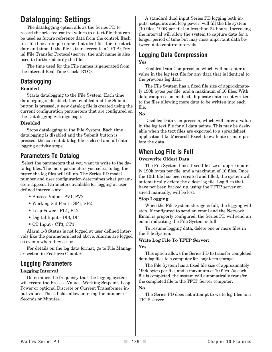 Datalogging, Datalogging: settings, Parameters to datalog | Logging parameters, Logging data compression, When log file is full | Watlow Series PD User Manual | Page 141 / 188