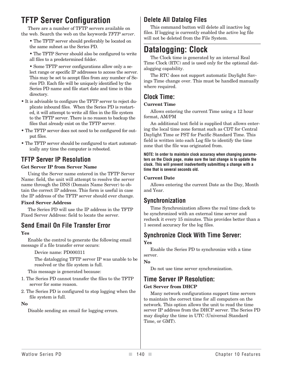 Tftp server configuration, Datalogging clock, Datalogging: clock | Tftp server ip resolution, Send email on file transfer error, Delete all datalog files, Clock time, Synchronization, Synchronize clock with time server, Time server ip resolution | Watlow Series PD User Manual | Page 142 / 188