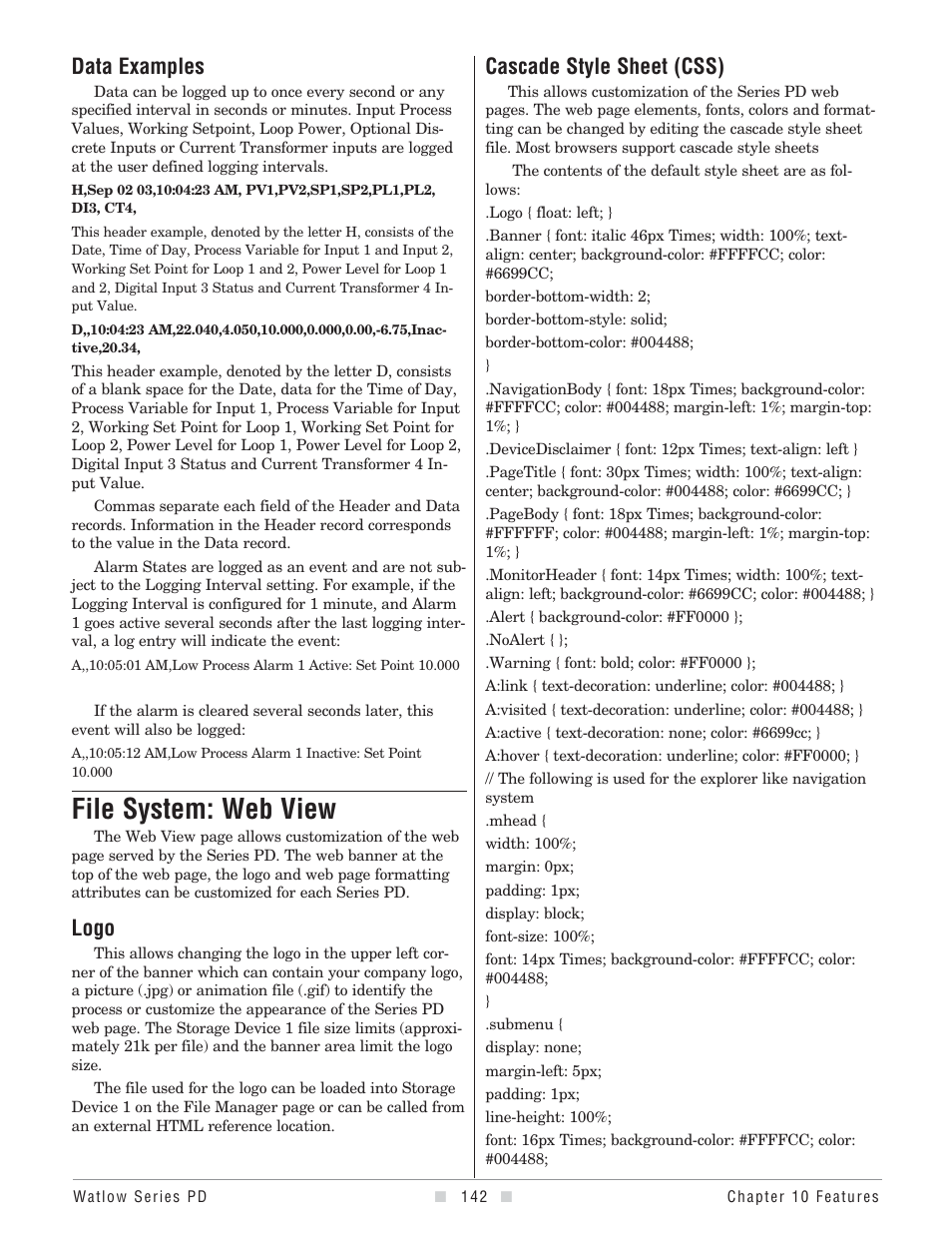 File system: web view, Web view, Logo | Cascade style sheets, Data examples, Cascade style sheet (css) | Watlow Series PD User Manual | Page 144 / 188