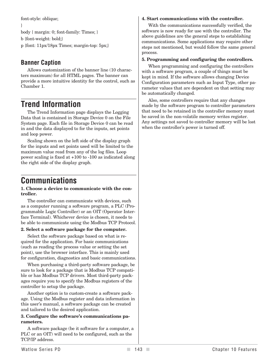 Trend information, Communications, Banner | Banner caption | Watlow Series PD User Manual | Page 145 / 188