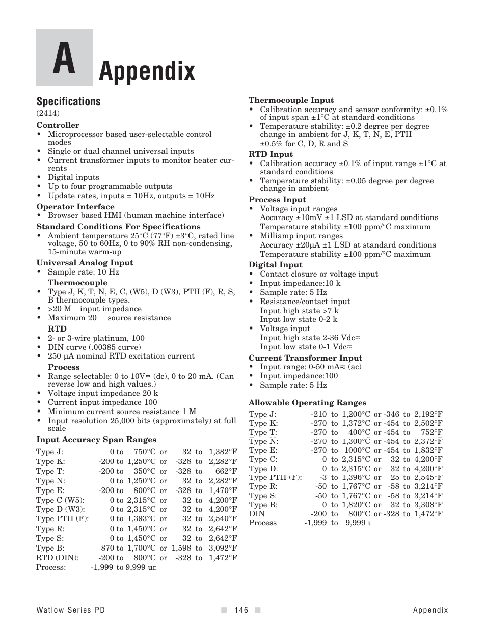 Appendix, Specifications | Watlow Series PD User Manual | Page 148 / 188