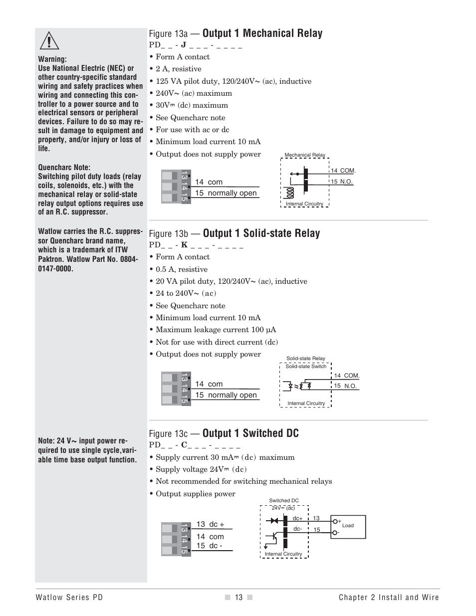 Output 1 mechanical relay, Output 1 solid-state relay, Output 1 switched dc | Figure 13a, Figure 13b, Figure 13c | Watlow Series PD User Manual | Page 15 / 188