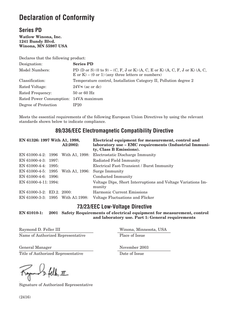 Declaration of conformity, Series pd, 73/23/eec low-voltage directive | Watlow Series PD User Manual | Page 151 / 188