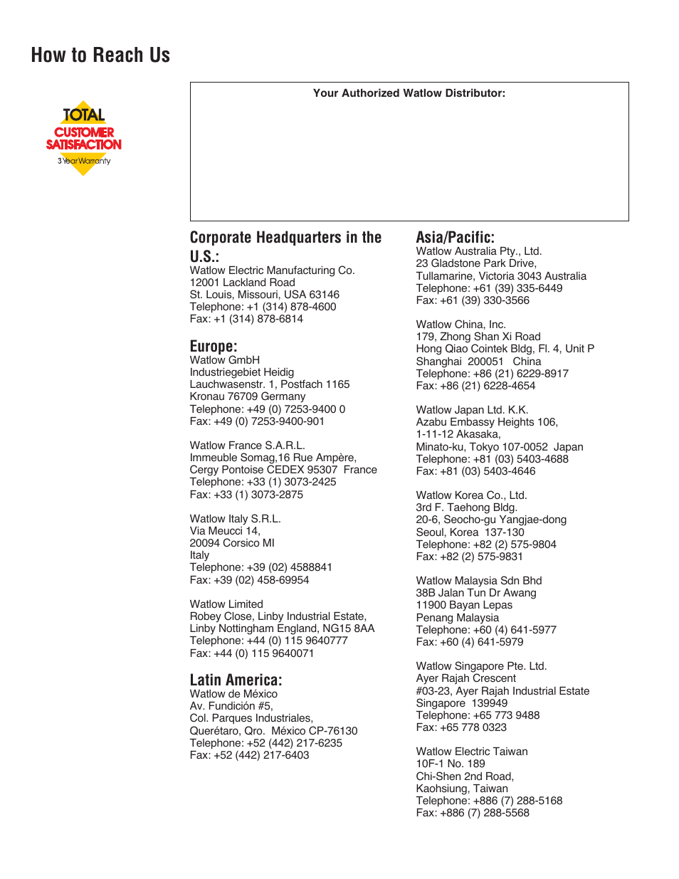 How to reach us, Corporate headquarters in the u.s, Europe | Latin america, Asia/pacific | Watlow Series PD User Manual | Page 152 / 188