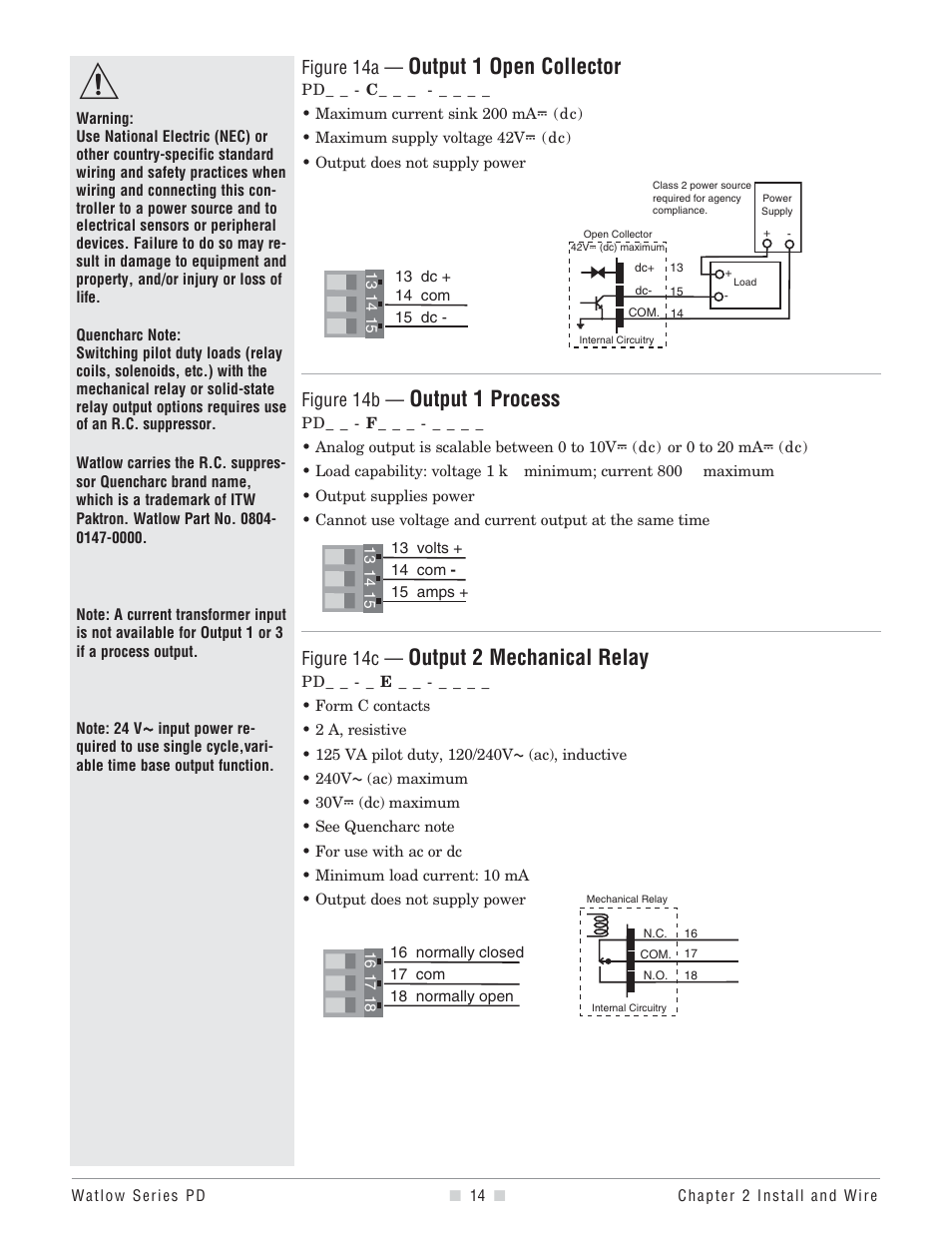 Output 1 open collector, Output 1 process, Output 2 mechanical relay | Figure 14a, Figure 14b, Figure 14c | Watlow Series PD User Manual | Page 16 / 188