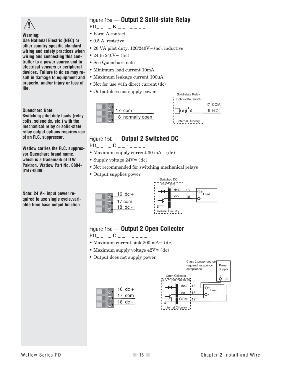 Output 2 solid-state relay, Output 2 switched dc, Output 2 open collector | Figure 15a, Figure 15b, Figure 15c | Watlow Series PD User Manual | Page 17 / 188