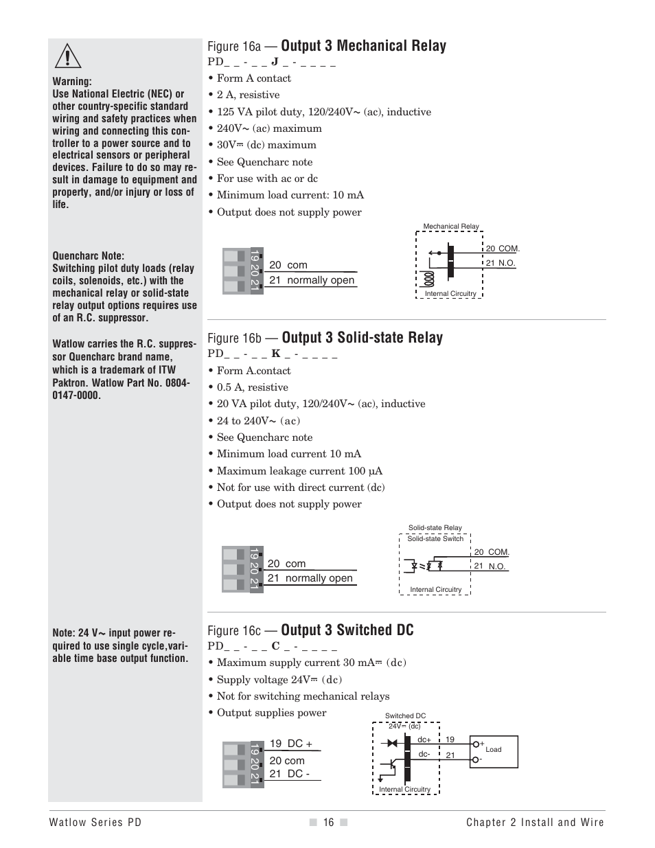 Output 3 mechanical relay, Output 3 solid-state relay, Output 3 switched dc | Figure 16a, Figure 16b, Figure 16c | Watlow Series PD User Manual | Page 18 / 188