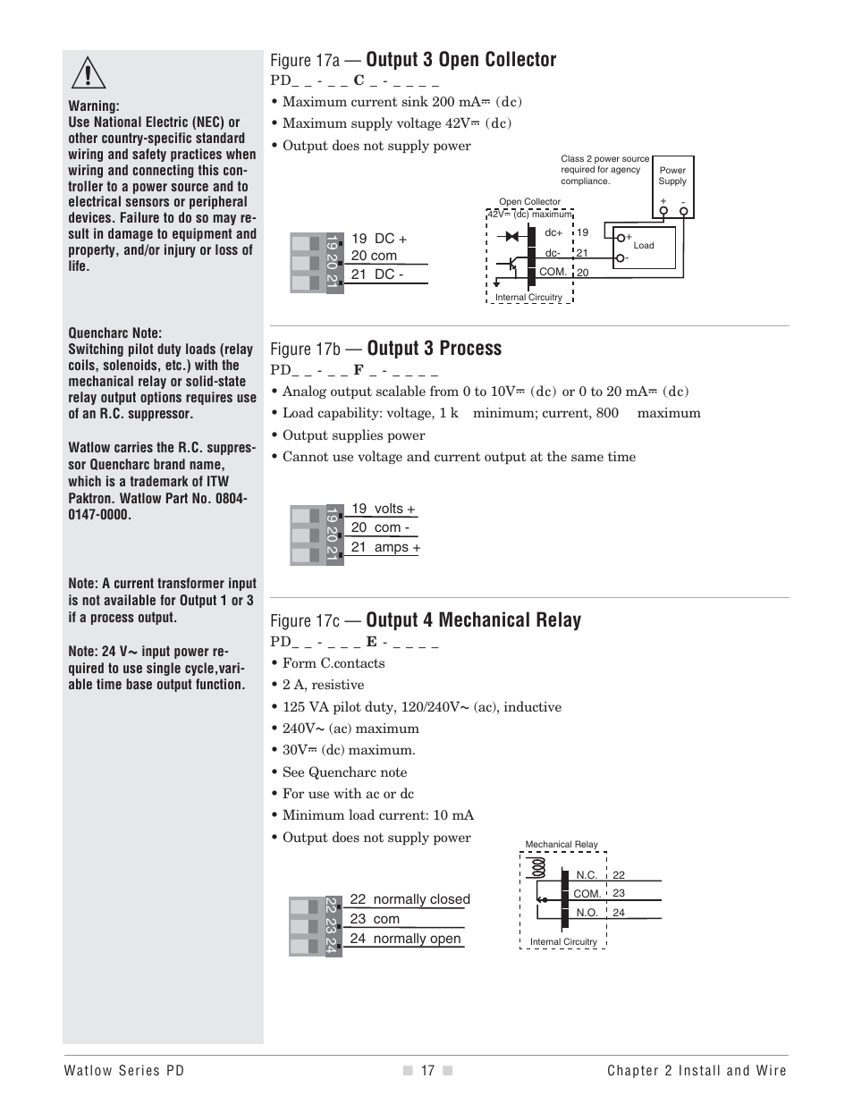 Output 3 open collector, Output 3 process, Output 4 mechanical relay | Figure 17a, Figure 17b, Figure 17c | Watlow Series PD User Manual | Page 19 / 188