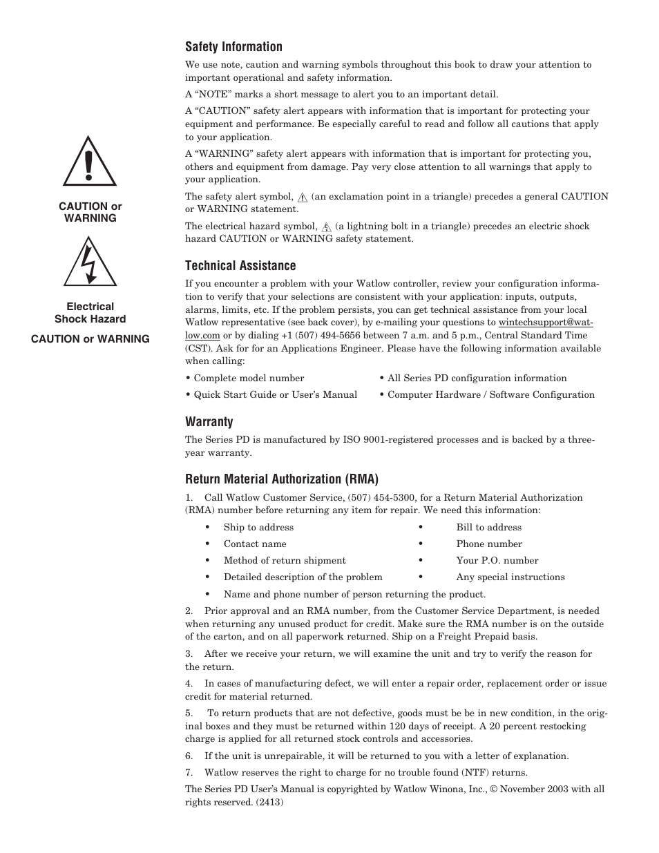 Safety information, Technical assistance, Warranty | Return material authorization | Watlow Series PD User Manual | Page 2 / 188