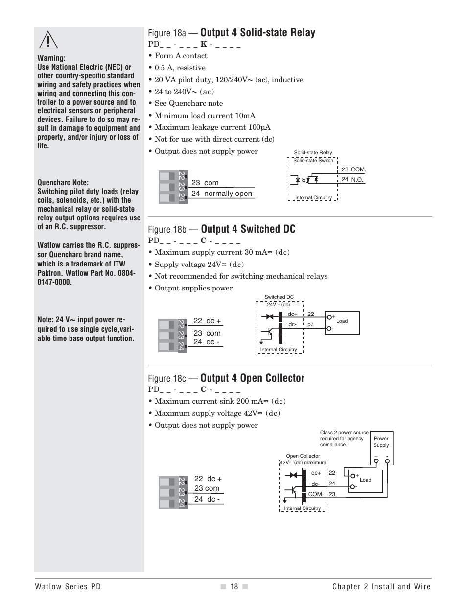 Output 4 solid-state relay, Output 4 switched dc, Output 4 open collector | Figure 18a, Figure 18b, Figure 18c | Watlow Series PD User Manual | Page 20 / 188