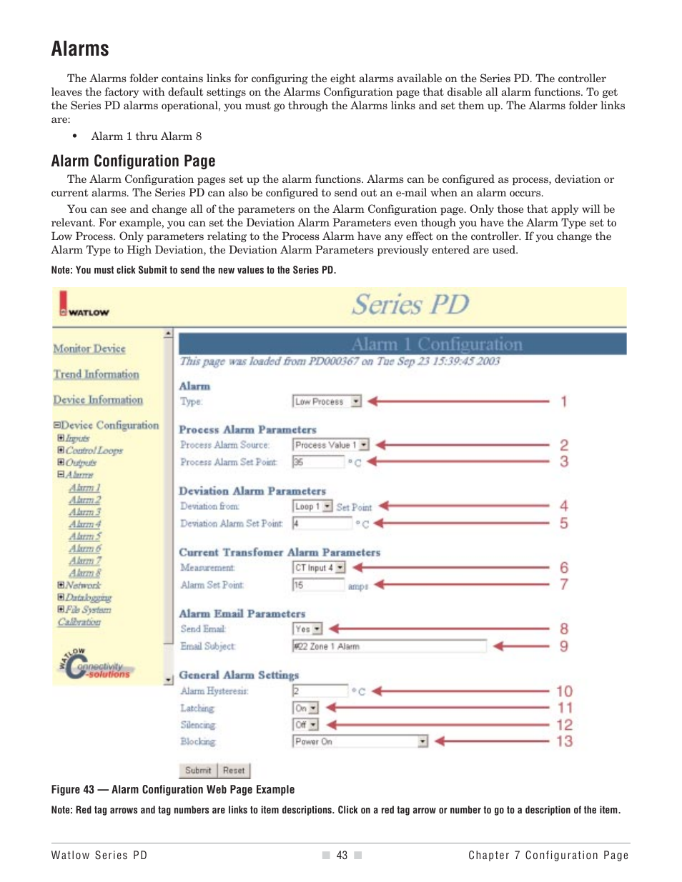 Alarms, Alarm configuration page | Watlow Series PD User Manual | Page 45 / 188