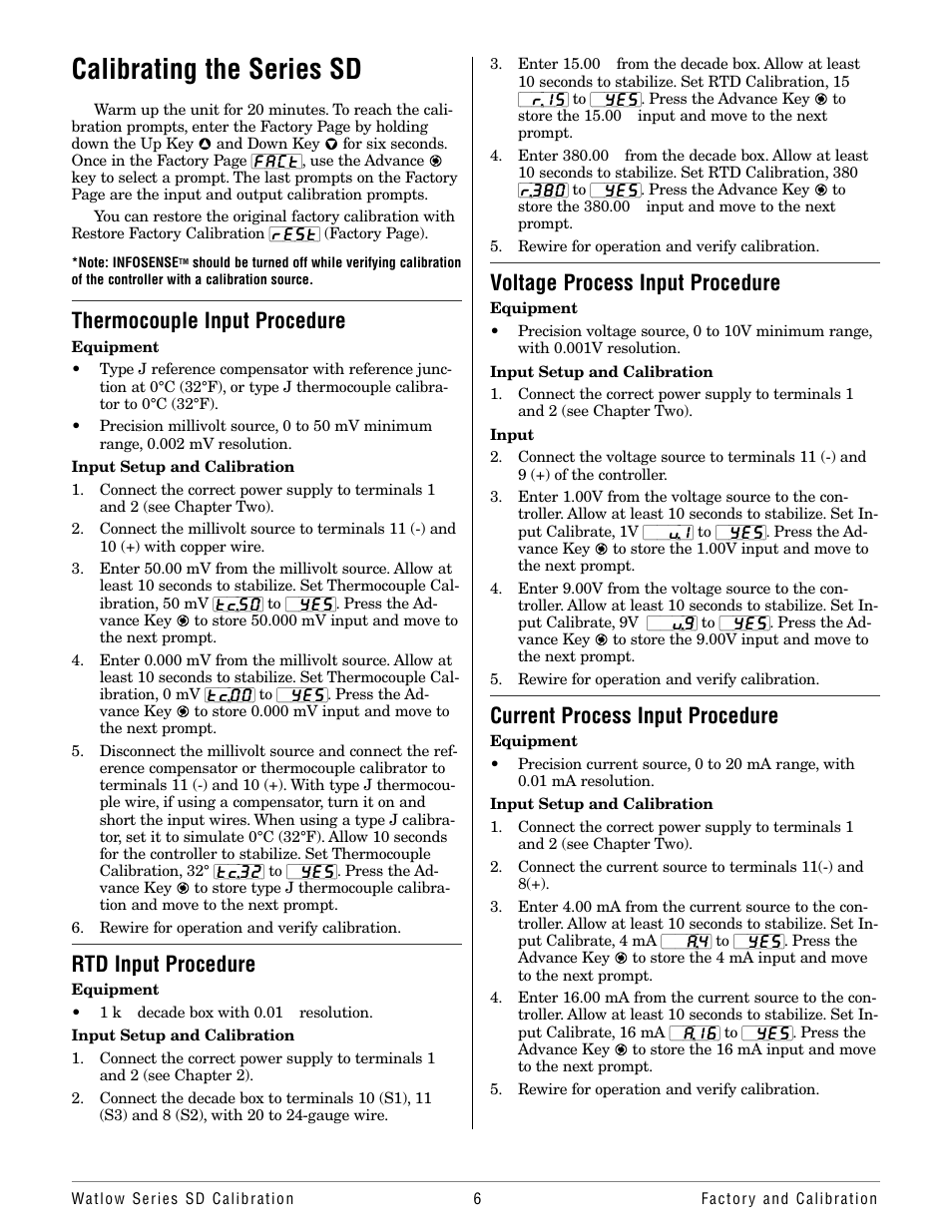 Calibrating the series sd, Thermocouple input procedure, Rtd input procedure | Voltage process input procedure, Current process input procedure | Watlow Series SD User Manual | Page 6 / 8