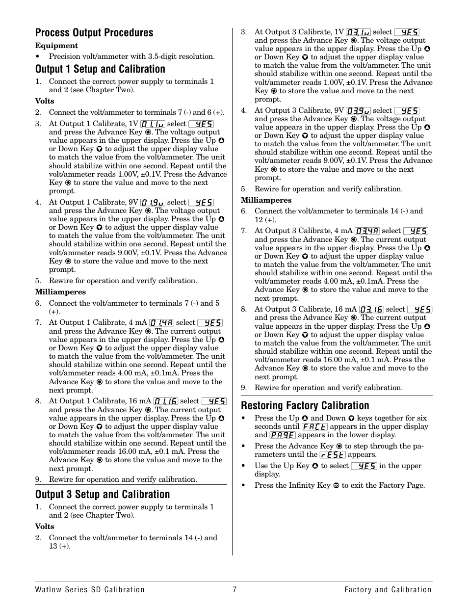 Process output procedures, Output 1 setup and calibration, Output 3 setup and calibration | Restoring factory calibration | Watlow Series SD User Manual | Page 7 / 8