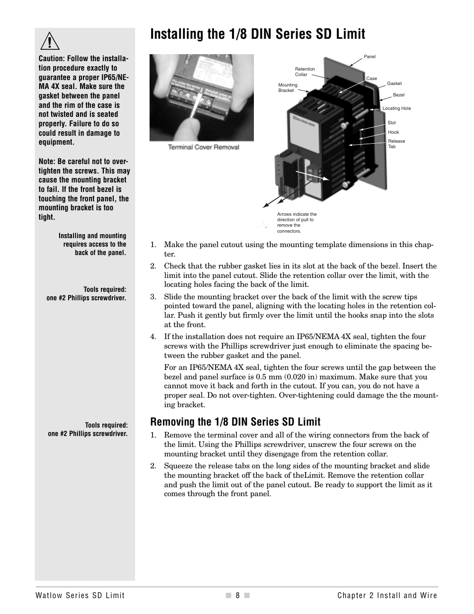Installing the 1/8, Installing the 1/8 din series sd limit, Removing the 1/8 din series sd limit | Watlow Series SD Limit User Manual | Page 10 / 60