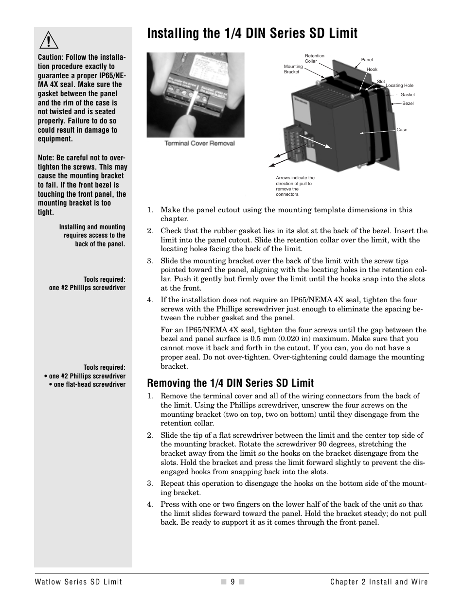 Installing the 1/4, Installing the 1/4 din series sd limit, Removing the 1/4 din series sd limit | Watlow Series SD Limit User Manual | Page 11 / 60