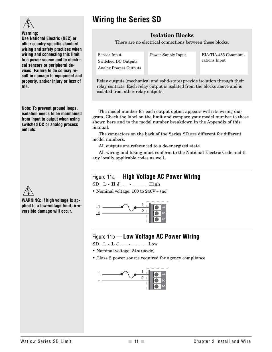 Wiring the series sd, Wiring, High voltage ac power wiring | Low voltage ac power wiring | Watlow Series SD Limit User Manual | Page 13 / 60