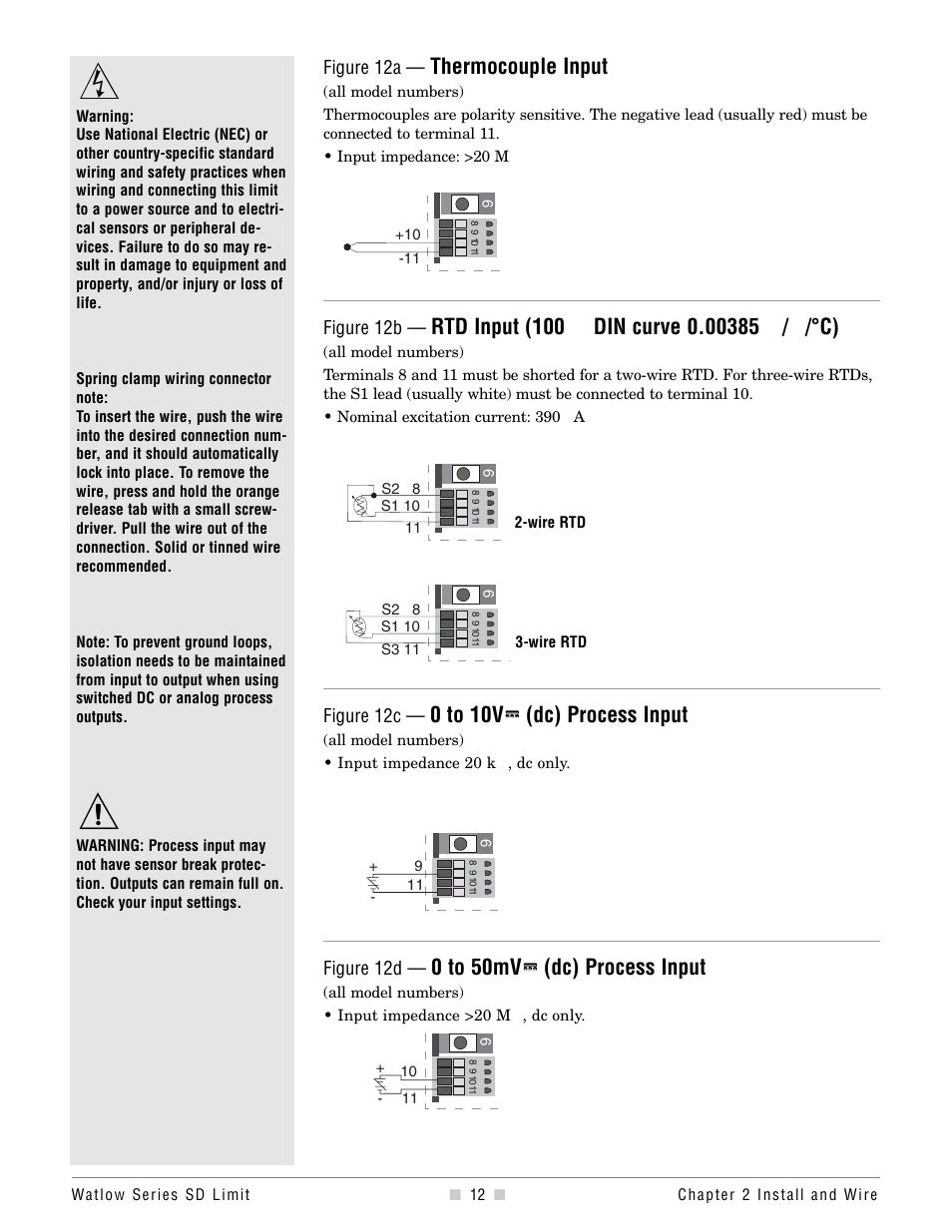 Thermocouple input, 0 to 10v о о (dc) process input, 0 to 50mv о о (dc) process input | Watlow Series SD Limit User Manual | Page 14 / 60
