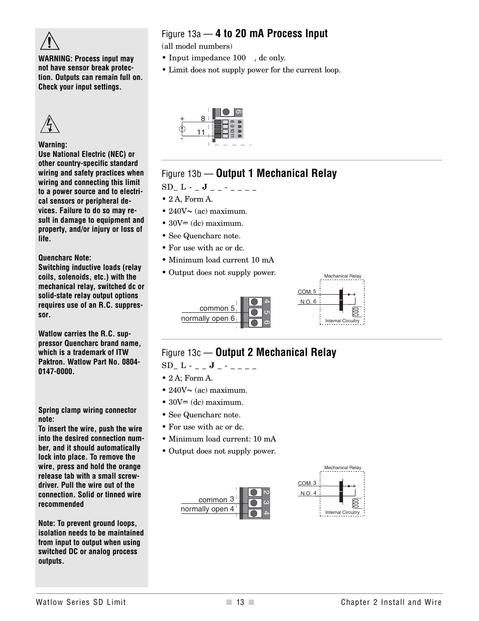 4 to 20 ma process input, Output 1 mechanical relay, Output 2 mechanical relay | Watlow Series SD Limit User Manual | Page 15 / 60