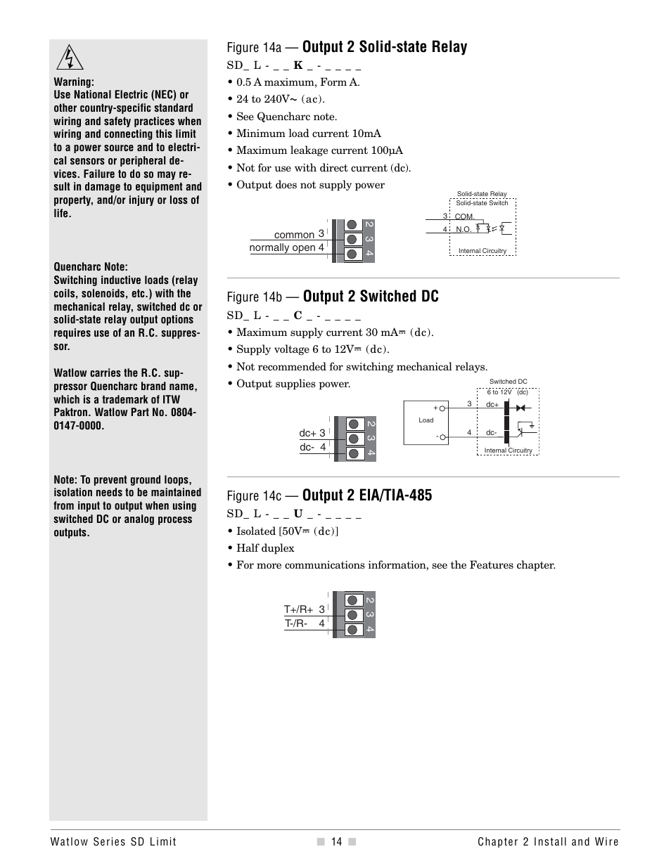Output 2 solid-state relay, Output 2 switched dc, Output 2 eia/tia-485 | Figure 14a, Figure 14b, Figure 14c | Watlow Series SD Limit User Manual | Page 16 / 60