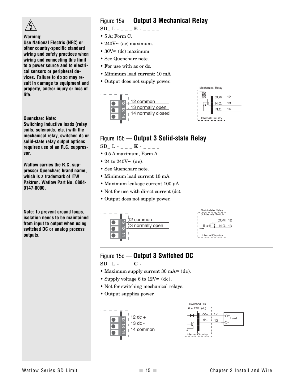 Output 3 mechanical relay, Output 3 solid-state relay, Output 3 switched dc | Figure 15a, Figure 15b, Figure 15c | Watlow Series SD Limit User Manual | Page 17 / 60