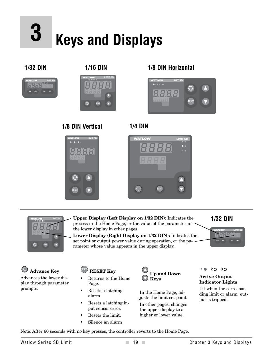 Chapter 3, Keys and displays, Chapter 3: keys and displays | 1/32 din | Watlow Series SD Limit User Manual | Page 21 / 60
