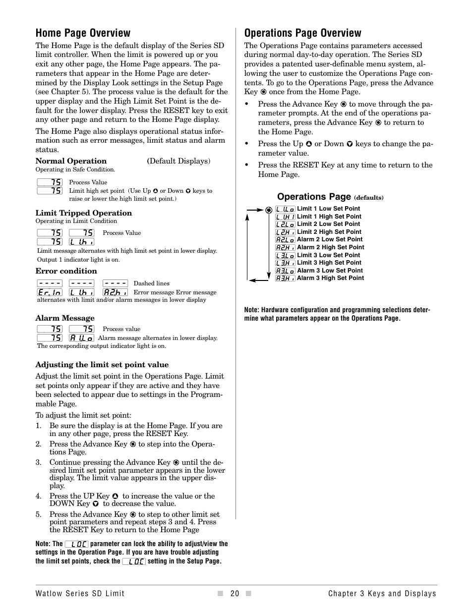 Operations page overview, Home page overview, Operations page | Watlow Series SD Limit User Manual | Page 22 / 60