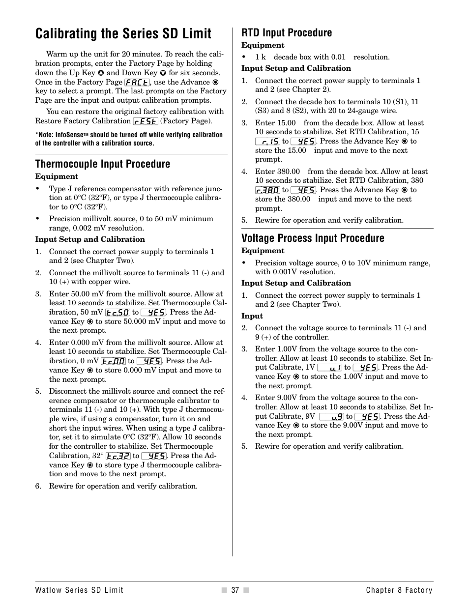 Calibrating the series sd limit, Thermocouple input procedure, Rtd input procedure | Voltage process input procedure | Watlow Series SD Limit User Manual | Page 39 / 60
