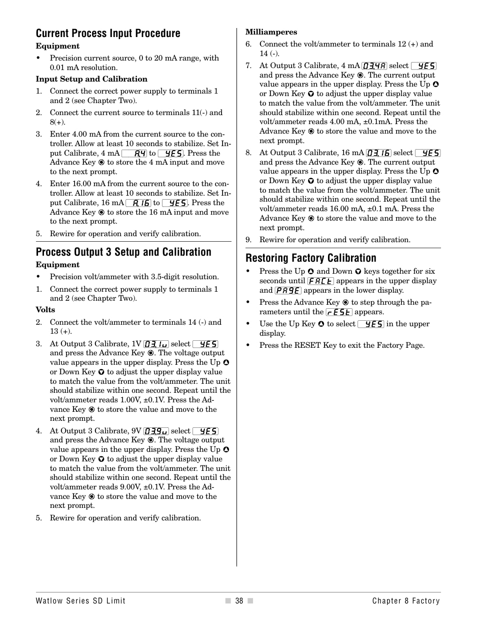 Current process input procedure, Process output 3 setup and calibration, Restoring factory calibration | Watlow Series SD Limit User Manual | Page 40 / 60